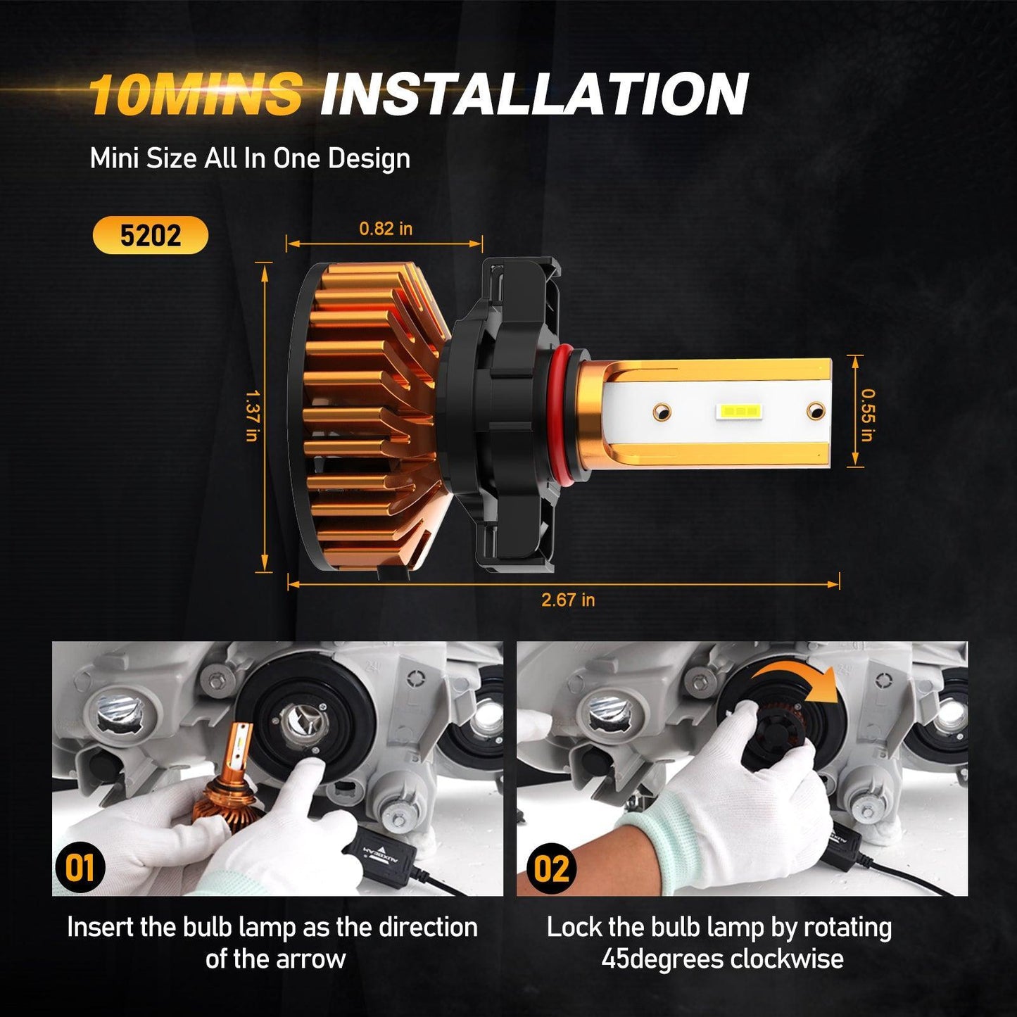 مصابيح أمامية LED 5202، 52 واط، 10000 لومن، سلسلة F2، حجم صغير، 6500 كلفن، لون أبيض بارد | 2 لمبة