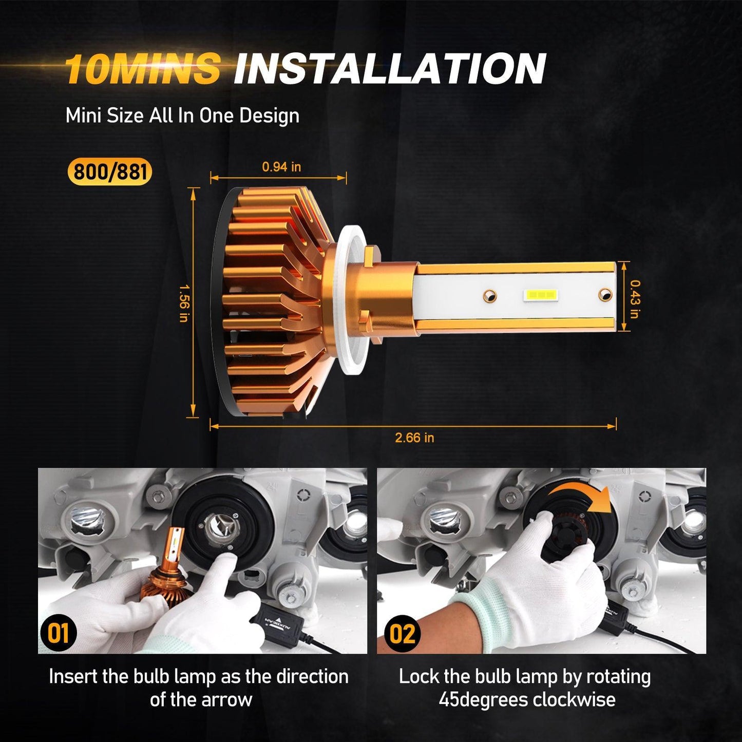 مصابيح أمامية LED 880/881، 52 واط، 10000 لومن، سلسلة F2، حجم صغير، 6500 كلفن، أبيض بارد | 2 لمبة