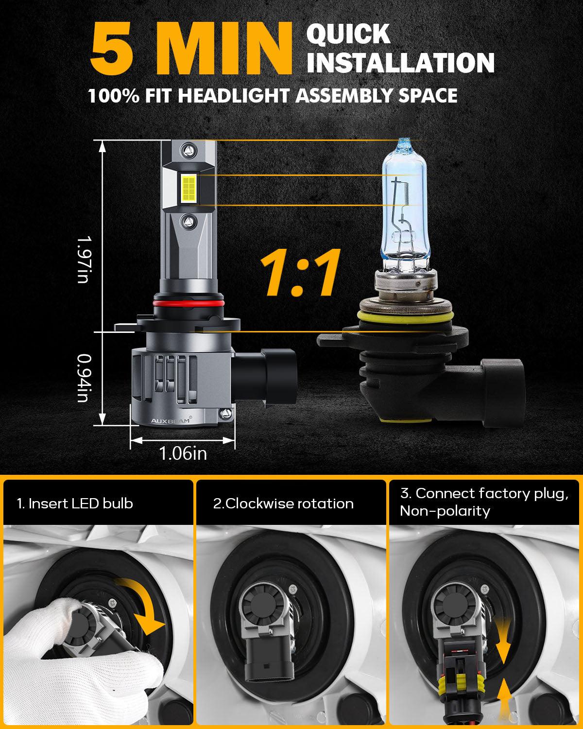 9012/HIR2 LED Headlight Bulbs 90W 22000LM Q20 Series 1:1 Halogen Size 6500K Cool White | 2 Bulbs - Auxbeam  – éclairage LED auto