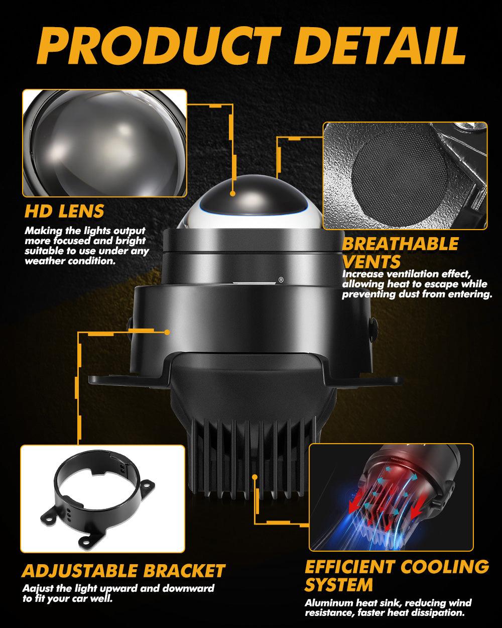 2.5 Inch 80W Bi-LED Projector Lens Fog Light 6000K HD Lens For Toyota/Honda | 2PCS/Set