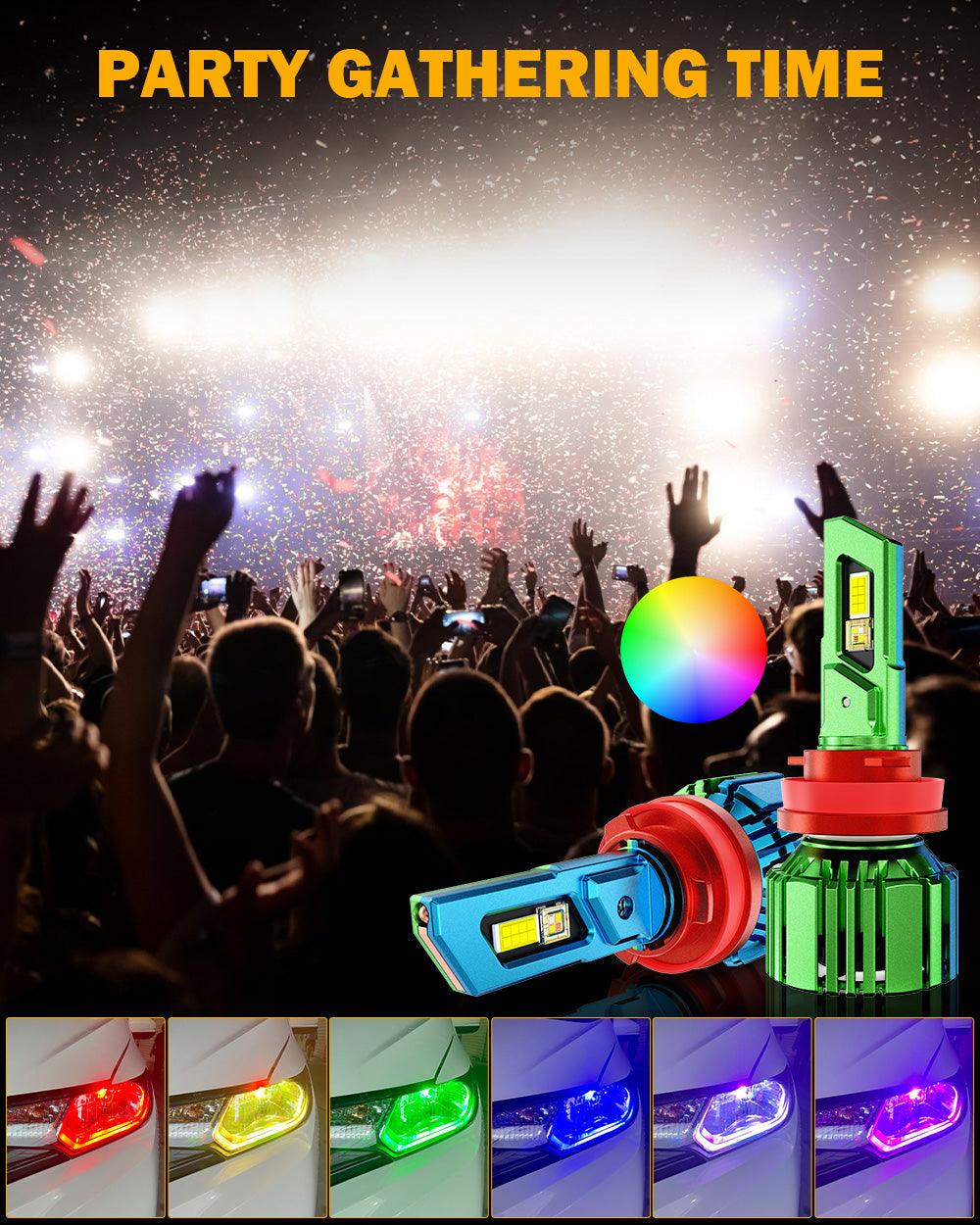 H11/H9/H8 RGB LED Headlight Bulbs/DRL/Fog Light R7 Series 70W 25000LM 65000K Cool White + RGB Remote Control | 2 Bulbs