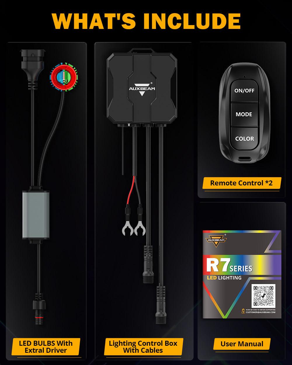 🆕9006/HB4 RGB LED Headlight Bulbs/DRL/Fog Light R7 Series 70W 25000LM 6500K Cool White + RGB Remote Control | 2 Bulbs - Auxbeam  – éclairage LED auto