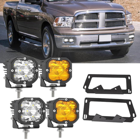 3 Inch LED Pods Lights with Additional Amber Covers &amp; Dual Fog lights Hidden Bumper Mount Bracket for Dodge Ram 2500 3500 2010-2017