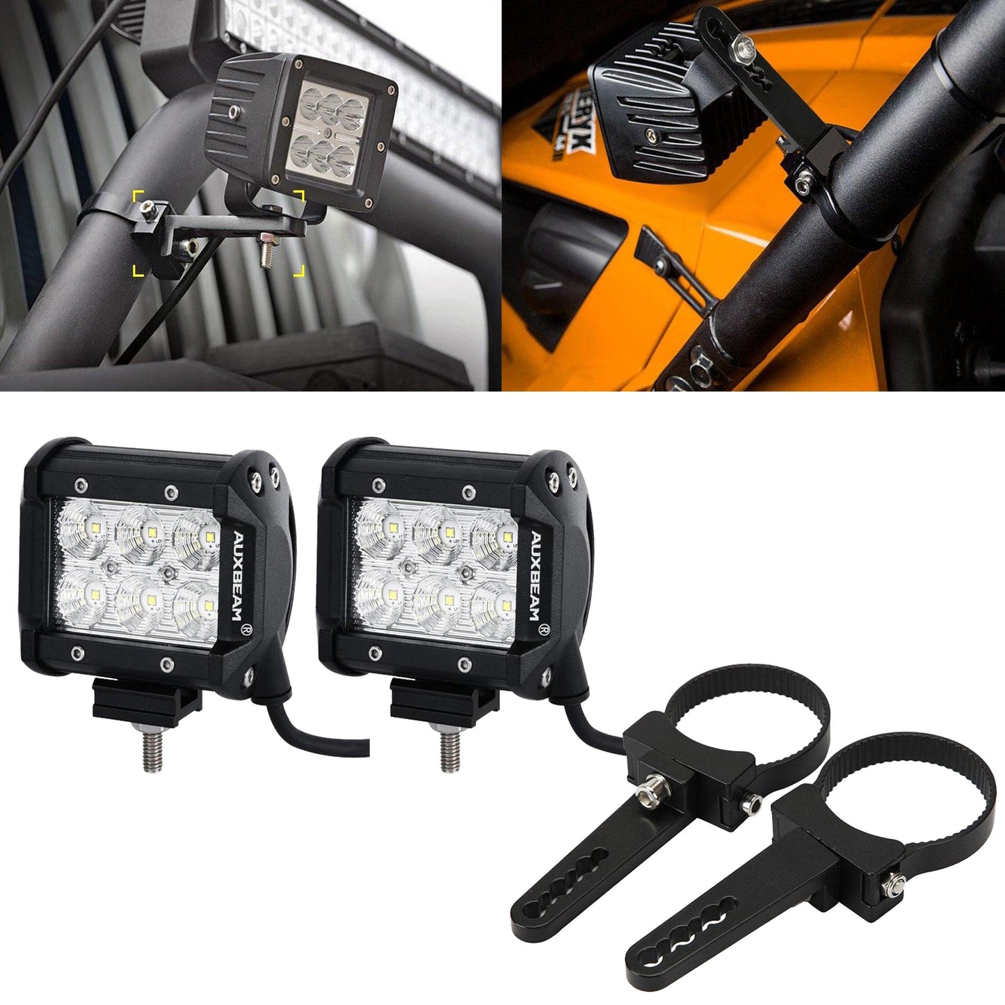 4 inch Classic-SM Series Dual Row LED Pod Lights Spot/Flood Beam & 2.5 Inch Bull Bar Roll Cage Clamps Mounting Brackets Combo for Jeep Off-Road SUV ATV UTV Trucks