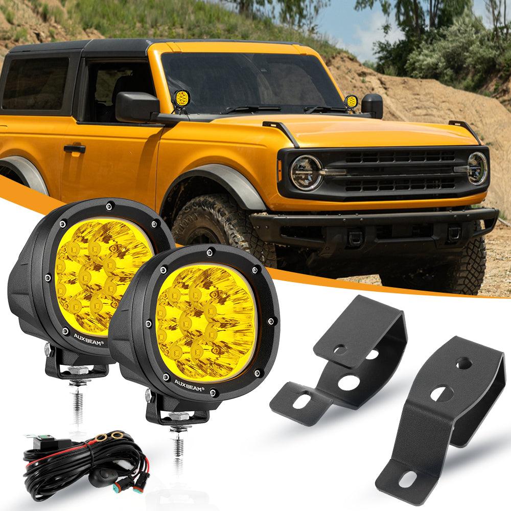 4 Inch 90W Round LED Driving Lights Spot Yellow with A-Pillar Mounting Bracket For Ford Bronco 2/4 Door 2021 2022 - Auxbeam  – éclairage LED auto