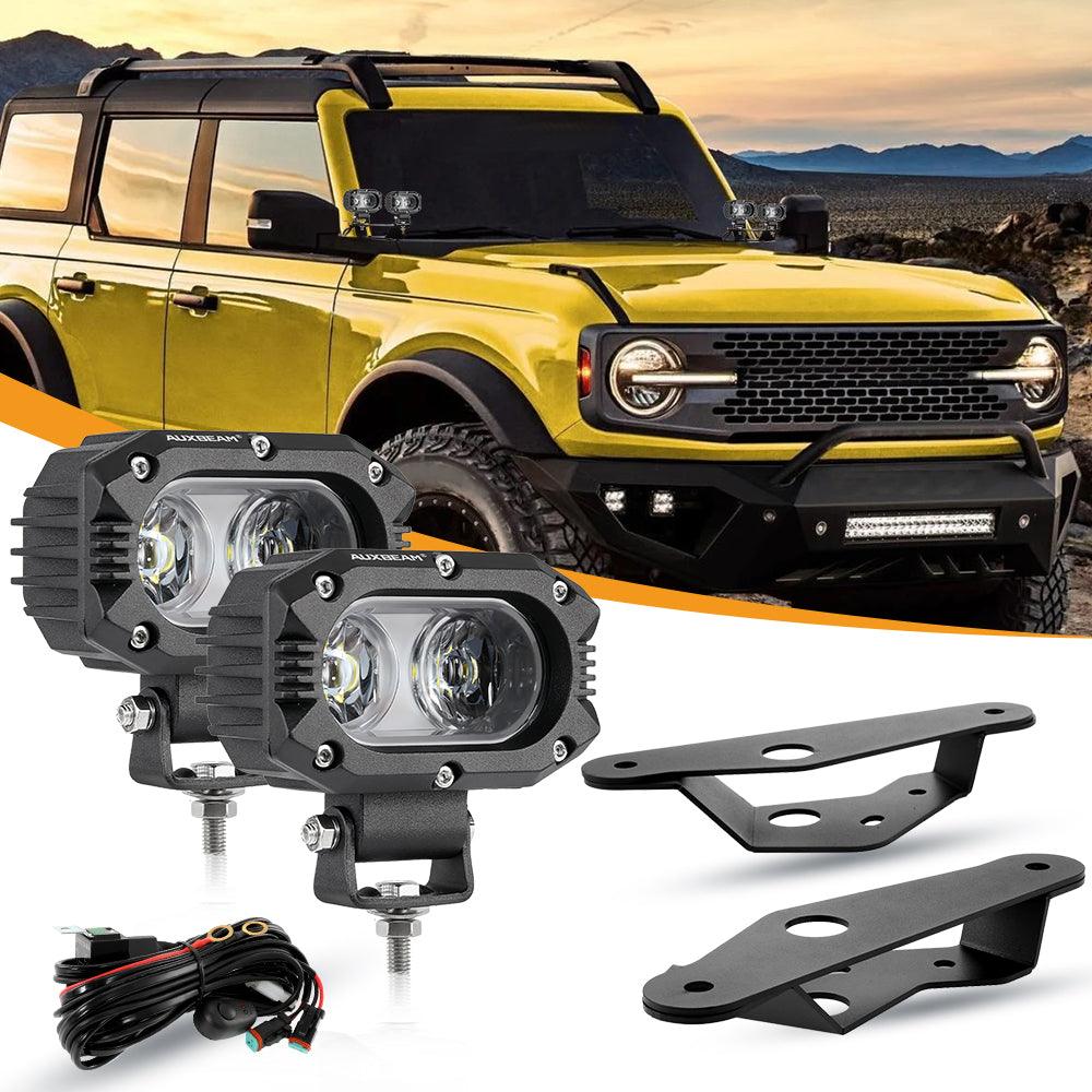 مصابيح LED 4 بوصات 30 وات بعدسة مموجة مع شعاع ضوئي مع حامل تثبيت مزدوج على العمود A لسيارة فورد برونكو 2/4 أبواب 2021 2022