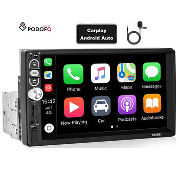 (Stock US/EU) Podofo 7 ''Stéréo de voiture Single Din avec Carplay Android Auto 1 Din Autoradio Lecteur MP5 BT FM EQ Aux In + Mic