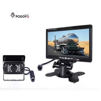 Podofo Kit de moniteur de caméra de recul de voiture à 4 broches Système de stationnement de recul 7 "pour RV/Bus/remorque/camion Vision nocturne étanche