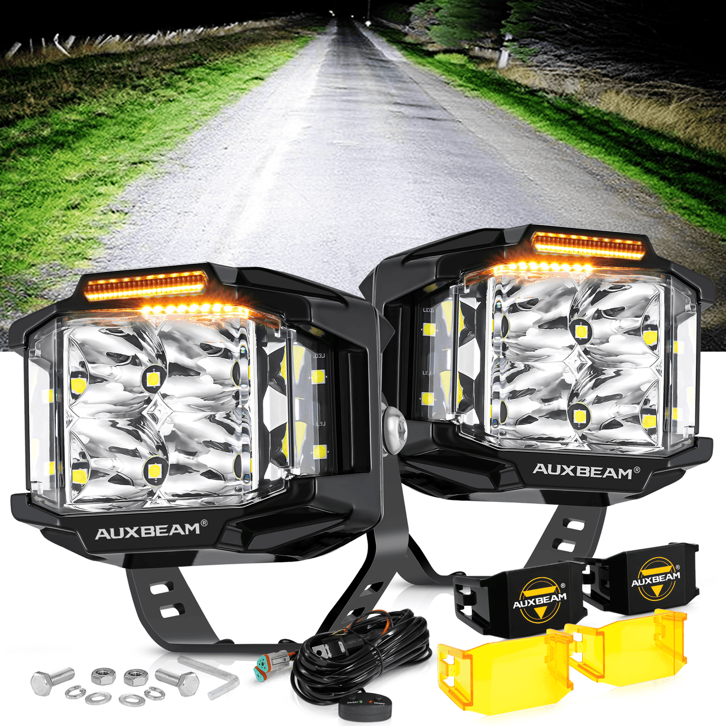 V-MAX Series | 4 Inch 92W 8960LM Combo Beam Side Shooter LED Square Pod Lights with Amber DRL - Auxbeam  – éclairage LED auto