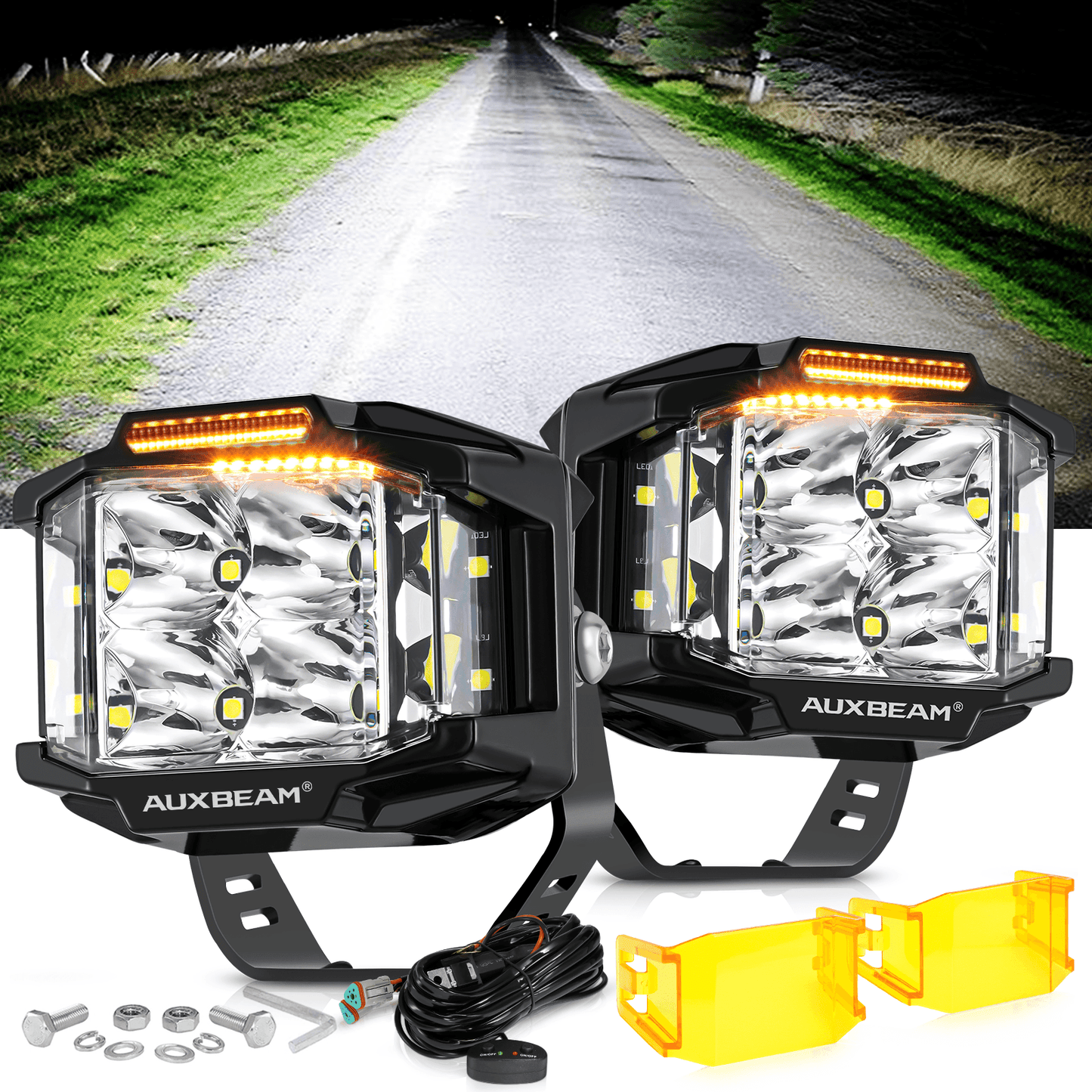 V-MAX Series | 4 Inch 92W 8960LM Combo Beam Side Shooter LED Square Pod Lights with Amber DRL - Auxbeam  – éclairage LED auto