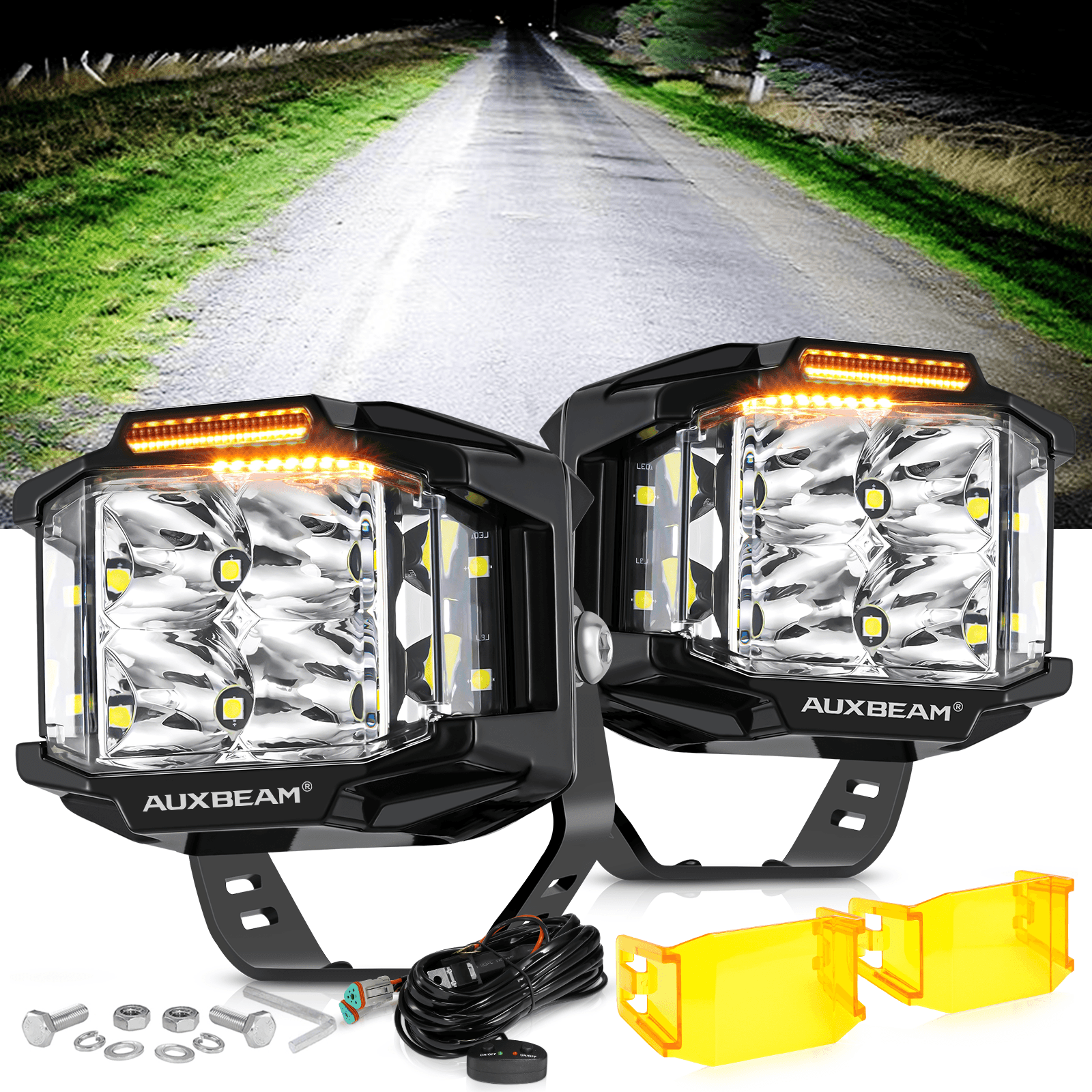 V-MAX Series | 4 Inch 92W 8960LM Combo Beam Side Shooter LED Square Pod Lights with Amber DRL - Auxbeam  – éclairage LED auto