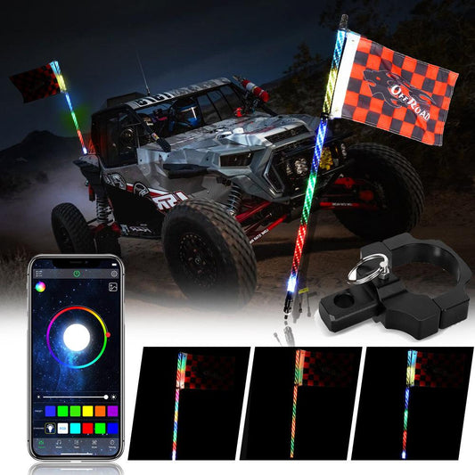 3FT/4FT RGB LED Whip Light with Bluetooth Controlled + Whip Light Mounting Brackets for UTV, ATV, Off-road Vehicle