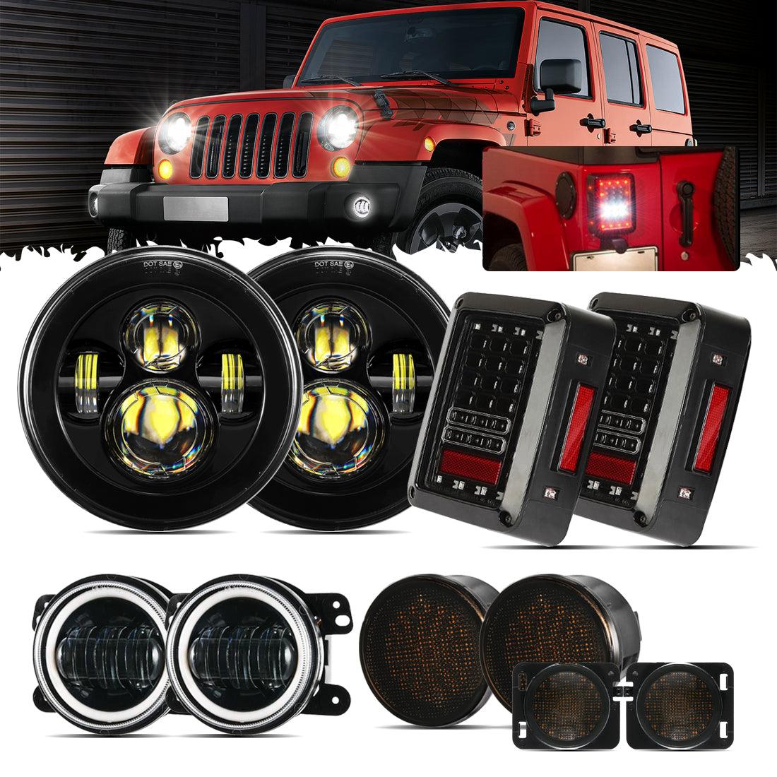 7" LED Headlight Replacement + 4" LED Fog Lights + Smoked LED Taillights + Front Turn Signals &amp; Guard Lights for Jeep Wrangler JK