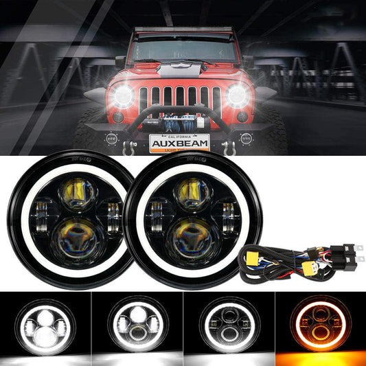 Remplacement de Phare LED 7 Pouces avec Anneau Halo et H4 Intensificateur de Luminosité pour Jeep Wrangler JK TJ LJ