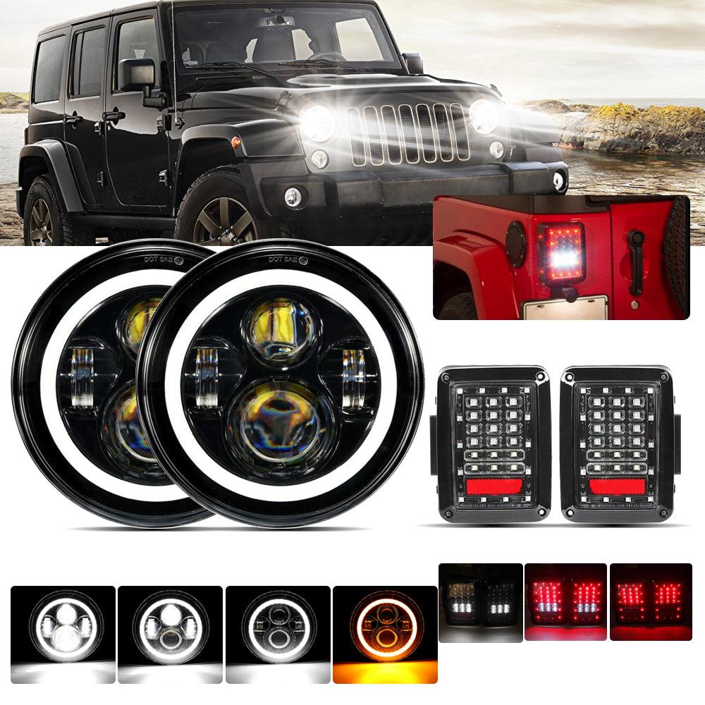 7'' LED Headlight Replacement with Halo Ring &amp; LED Smoke Tail Light Brake Reverse Turn Signal Lamp for Jeep Wrangler JK