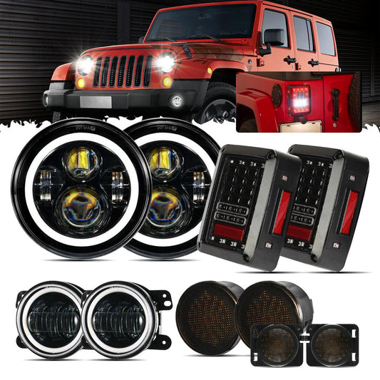 7" LED Headlight Replacement with Halo + 4" LED Fog Lights + Smoked LED Taillights + Turn Signals &amp; Guard Lights for Jeep Wrangler JK