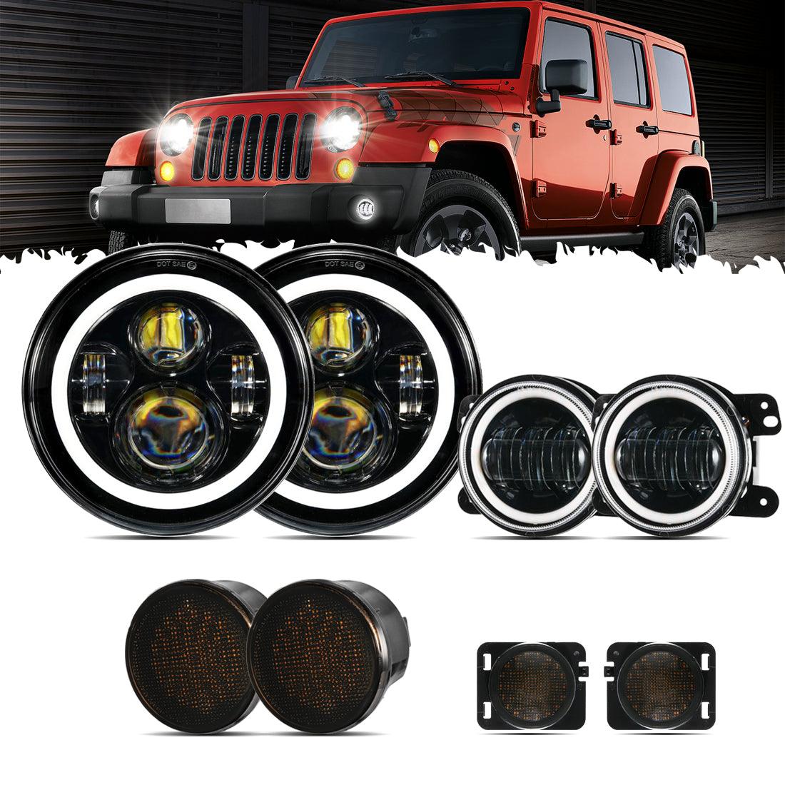 7-inch LED Headlight Replacement with Halo + 4-inch LED Fog Lights for Jeep Wrangler JK