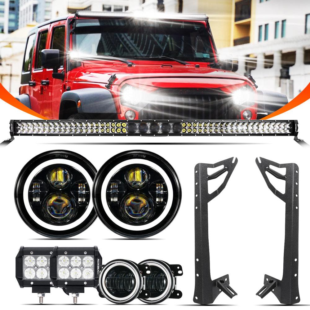 7" LED Halo Headlights + 4" Inch LED Fog Lights with DRL + 5D-PRO 52" Straight LED Light Bar + Windshield Mounting Brackets + 18W Flood Beam Pod Lights Set for for Jeep Wrangler JK