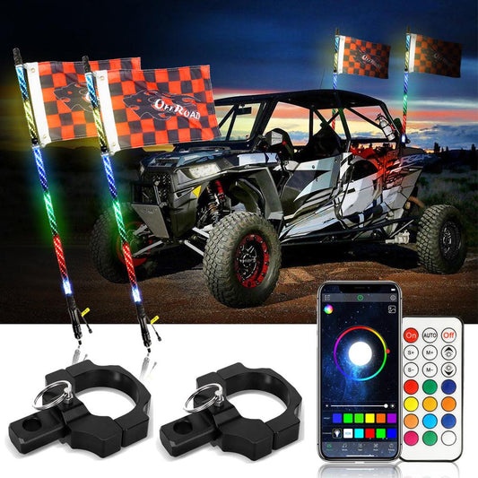 3FT/4FT LED RGB Whip Lights with Bluetooth/ Remote Controlled + Whip Light Mounting Brackets for UTV, ATV, Off-road Vehicle