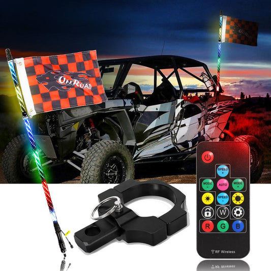 3FT/4FT RGB LED Whip Light with Remote Control+Whip Light Mounting Brackets for UTV, ATV, Off-Road Vehicle