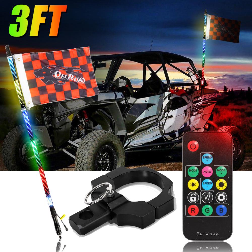3FT/4FT RGB LED Whip Light with Remote Control+Whip Light Mounting Brackets for UTV, ATV, Off-Road Vehicle