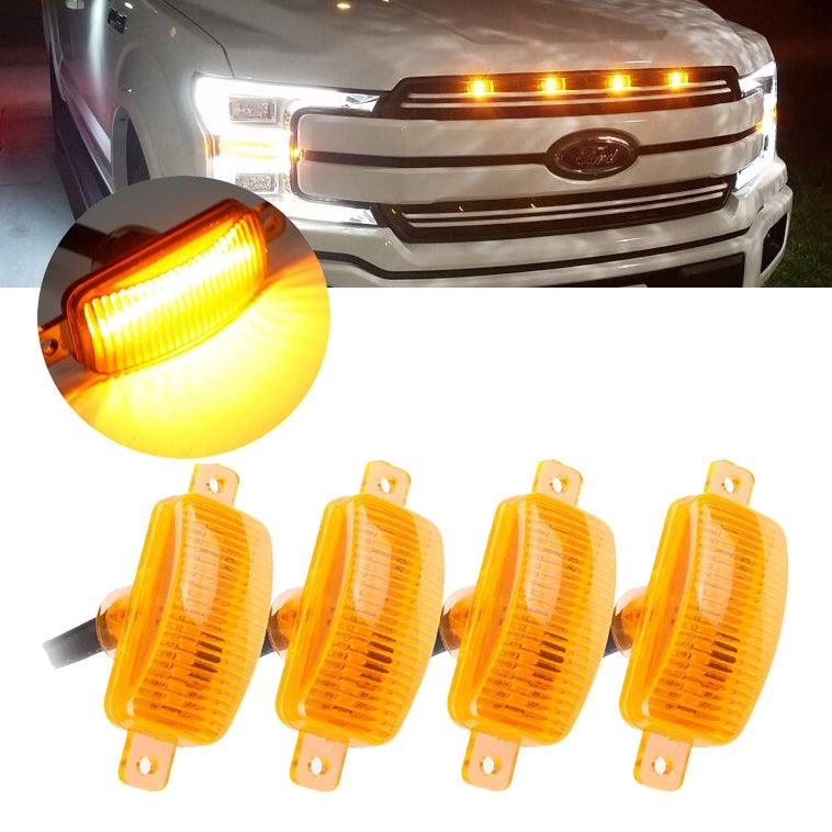 (4pcs/set) LED Front Hood Grille Lights Raptor Style Amber Light Fit for Pickup Truck Off-Road SUV (Amber Shell/ Smoked Shell) 