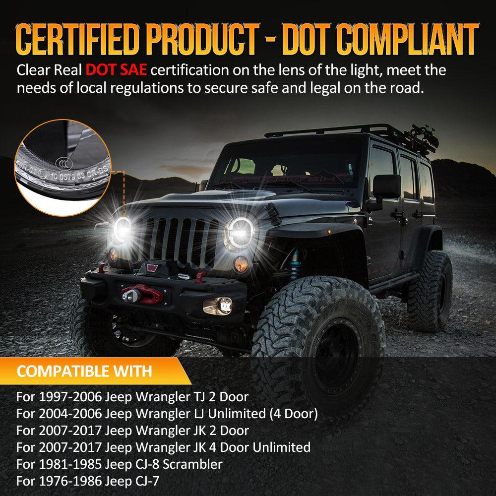 (2pcs/set) 7 Pouces 90W Phare LED Homologué DOT avec Anneau Halo DRL pour Jeep Wrangler JK TJ LJ CJ