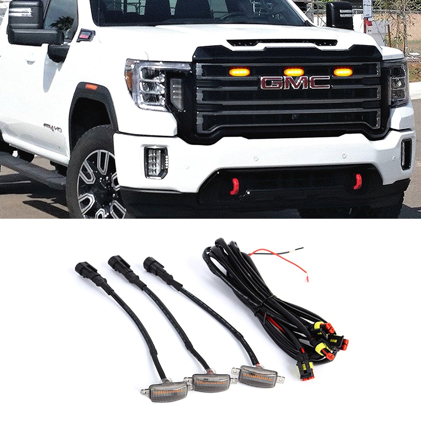 (3 قطع/مجموعة) مصابيح شبكية أمامية LED على شكل رابتور ضوء كهرماني مناسب لسيارة GMC Sierra 2500 HD 2016-2021 (غلاف كهرماني/غلاف مدخن)