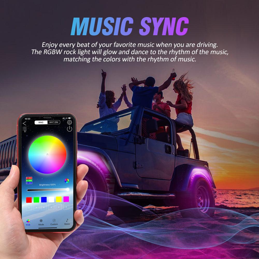 RGBW LED Rock Lights Kit with Bluetooth APP & Wireless Remote Control, Multicolor Neon Underglow Lights with Brake Light function