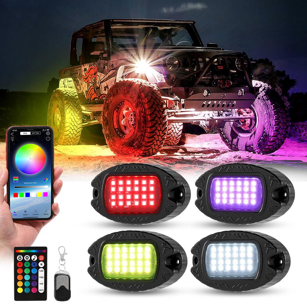 RGBW LED Rock Lights Kit with Bluetooth APP & Wireless Remote Control, Multicolor Neon Underglow Lights with Brake Light function