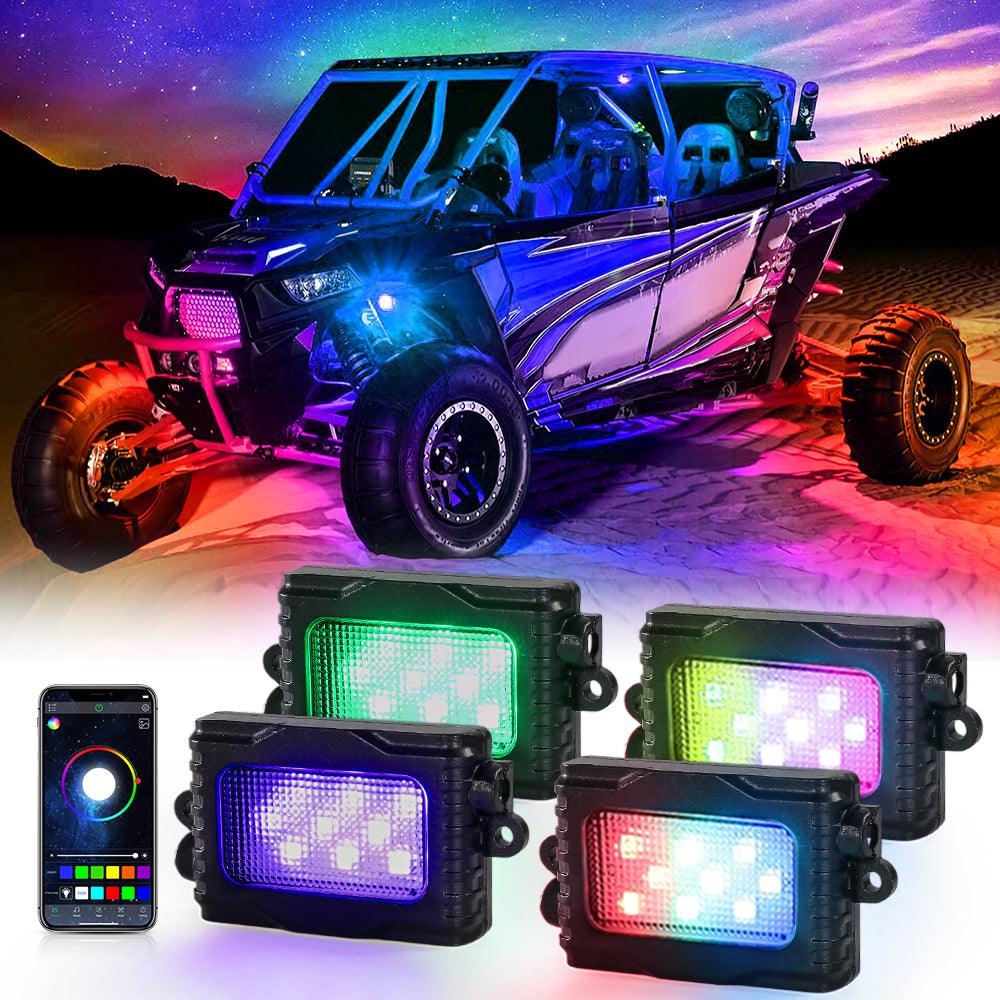 Magic Dream Color RGB LED Rock Lights Kit with Bluetooth APP Control, Multicolor Chasing Neon Underglow Lights for ATV UTV