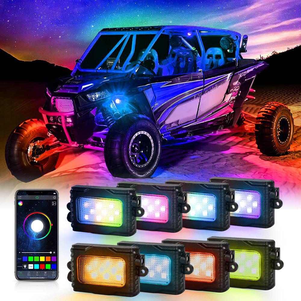 Magic Dream Color RGB LED Rock Lights Kit with Bluetooth APP Control, Multicolor Chasing Neon Underglow Lights for ATV UTV