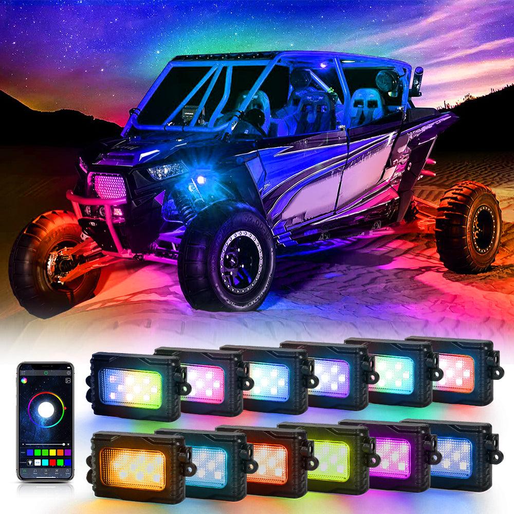 Magic Dream Color RGB LED Rock Lights Kit with Bluetooth APP Control, Multicolor Chasing Neon Underglow Lights for ATV UTV