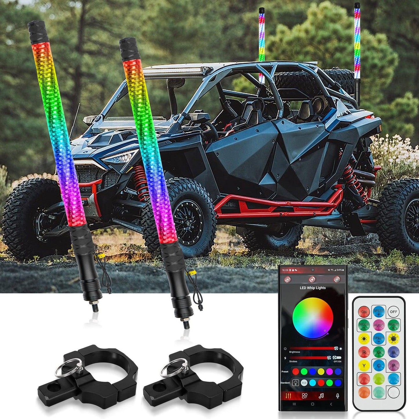 New 2.2FT LED RGB Whip Lights with Turn Signal & Brake Light, Bluetooth APP/ Remote Control