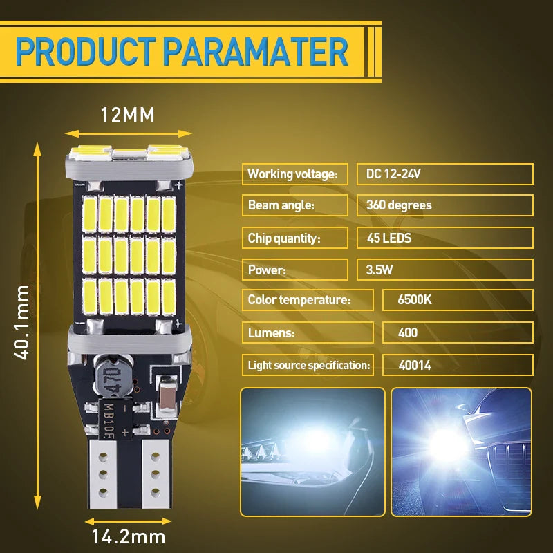 10 قطع T15 مصباح LED فائق السطوع للرجوع للخلف - 45 SMD 4014، متوافق مع CanBus 12 فولت متعدد الألوان (أبيض، أحمر، أزرق) مصباح موقف السيارة