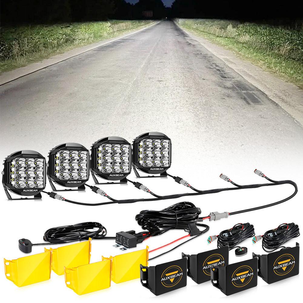 سلسلة V-MAX | مصابيح قيادة LED دائرية بشعاع جانبي مدمج، ٧ بوصات، ٢٢٨ واط، ٢٦١٠٠ لومن، مع إضاءة خلفية وإضاءة نهارية كهرمانية