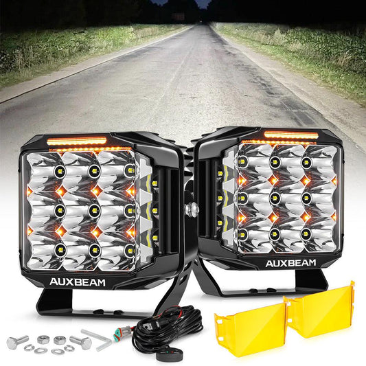 سلسلة V-MAX | مصابيح LED مربعة ٧ بوصات، ٢٢٨ واط، ٢٦١٠٠ لومن، مزودة بشعاع جانبي مدمج، مع إضاءة خلفية وإضاءة نهارية كهرمانية