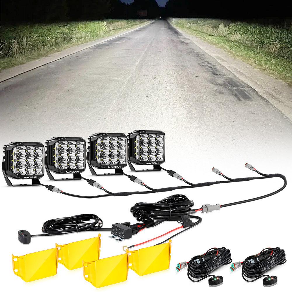 سلسلة V-MAX | مصابيح LED مربعة ٧ بوصات، ٢٢٨ واط، ٢٦١٠٠ لومن، مزودة بشعاع جانبي مدمج، مع إضاءة خلفية وإضاءة نهارية كهرمانية