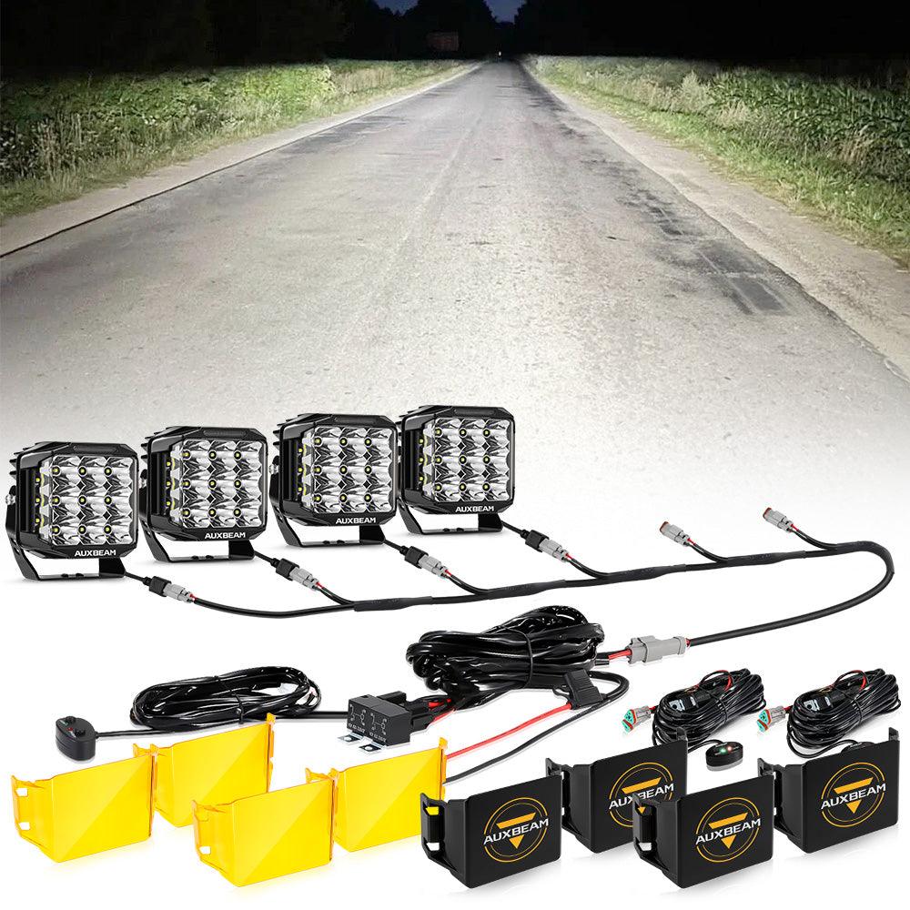 سلسلة V-MAX | مصابيح LED مربعة ٧ بوصات، ٢٢٨ واط، ٢٦١٠٠ لومن، مزودة بشعاع جانبي مدمج، مع إضاءة خلفية وإضاءة نهارية كهرمانية