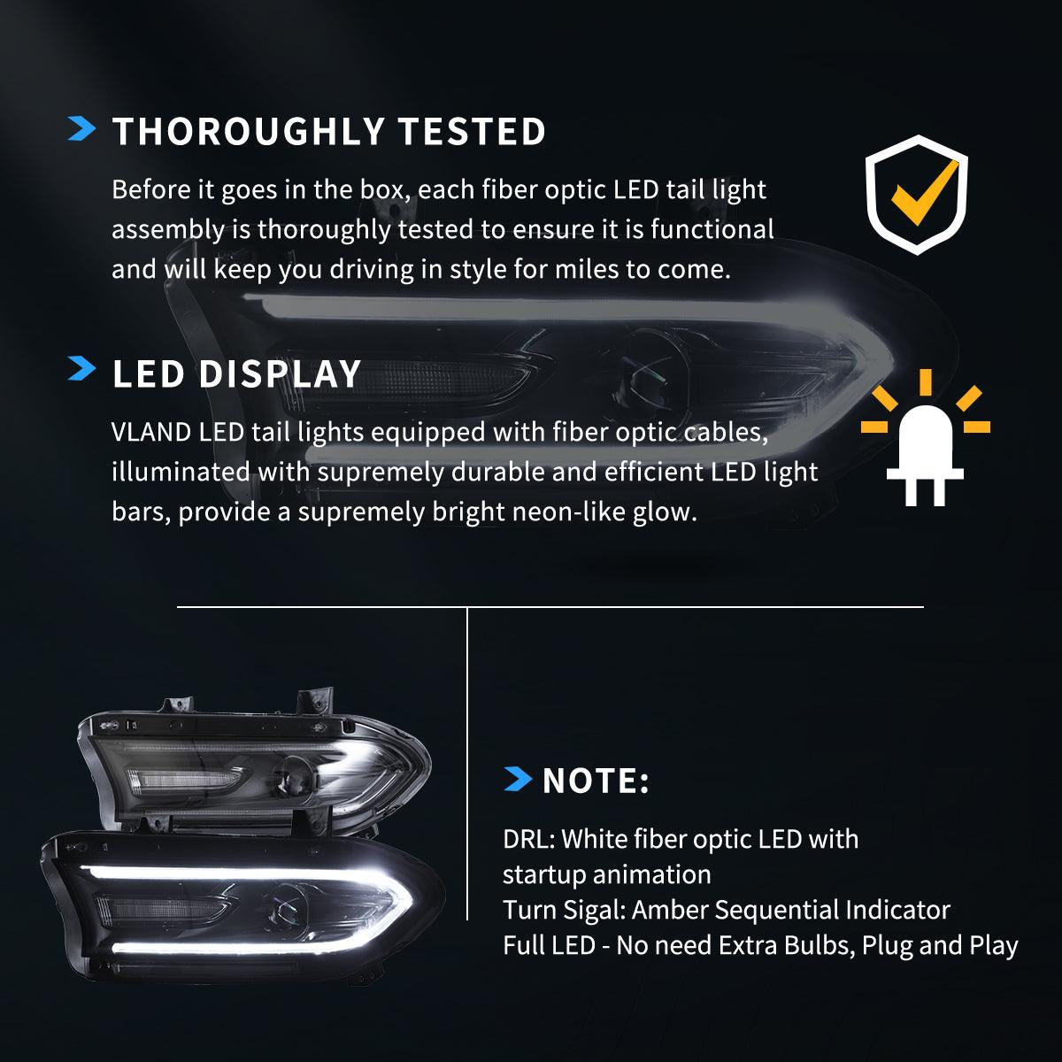 مجموعة مصابيح أمامية LED مزدوجة الشعاع باللون الأسود لسيارة دودج تشارجر الجيل السابع (LD) موديلات 2015-2023