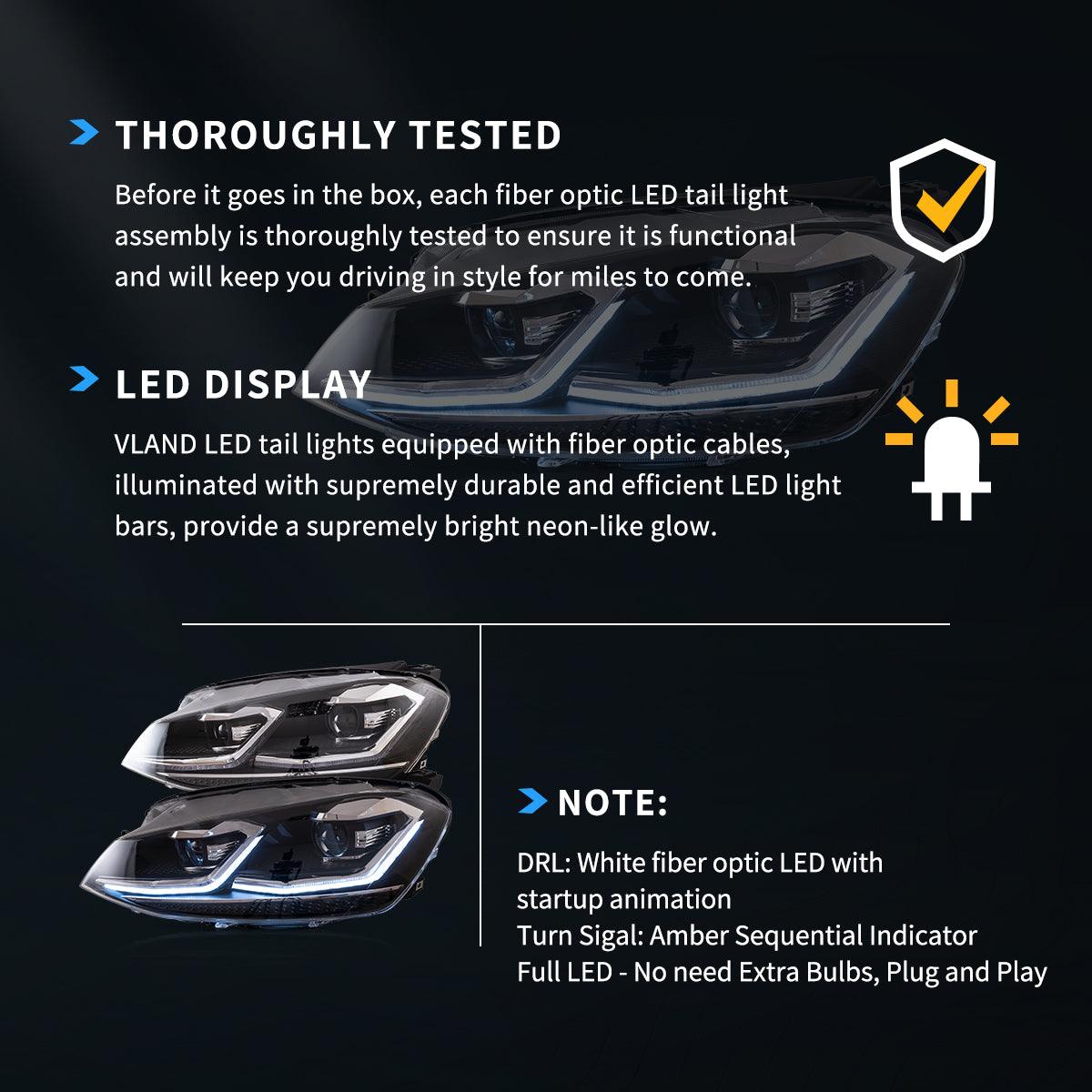 مجموعة مصابيح أمامية LED بروجكتور أسود لسيارة فولكس فاجن جولف الجيل السابع (Mk7، طراز 5G) موديلات 2012-2017