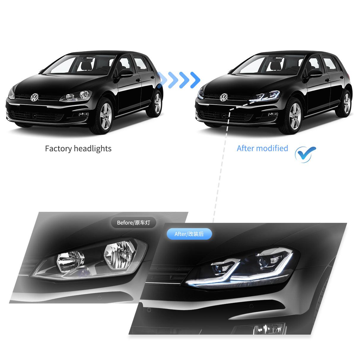 مجموعة مصابيح أمامية LED بروجكتور أسود لسيارة فولكس فاجن جولف الجيل السابع (Mk7، طراز 5G) موديلات 2012-2017