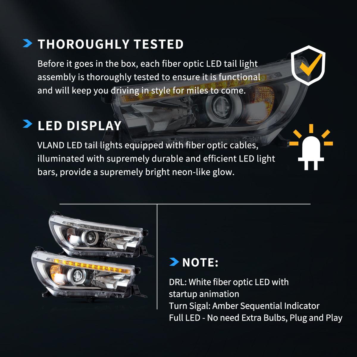 LED Headlight Assembly Dual Beam Projector Black For 2015-2020 Toyota Hilux SR5 8th Gens (GUN125, GUN126R) Pre-Facelift