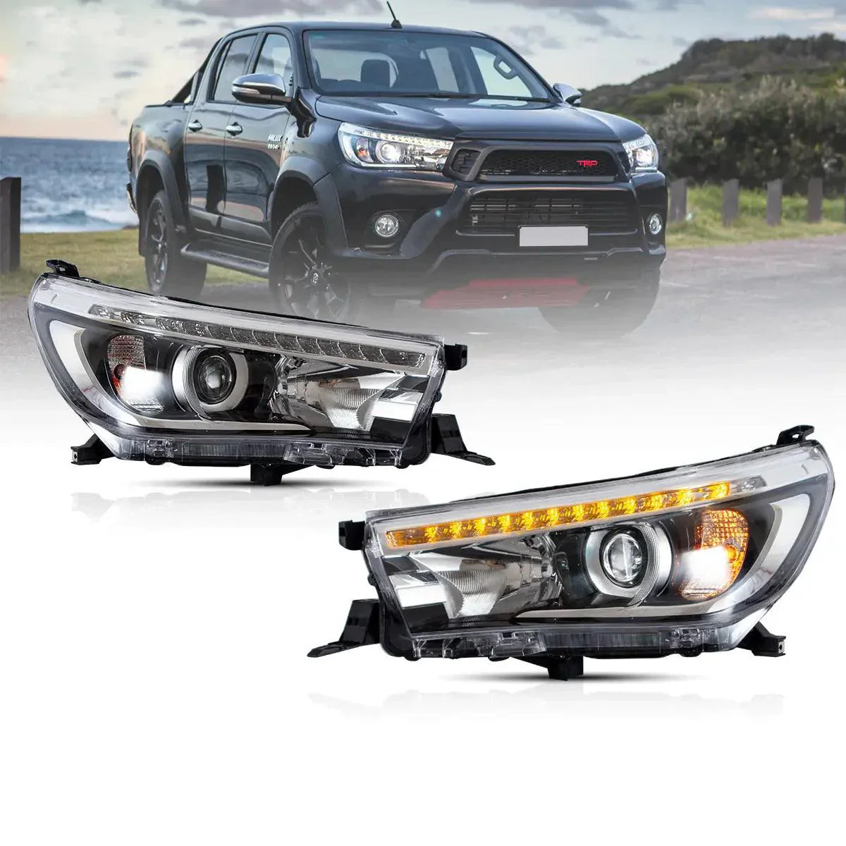 LED Headlight Assembly Dual Beam Projector Black For 2015-2020 Toyota Hilux SR5 8th Gens (GUN125, GUN126R) Pre-Facelift