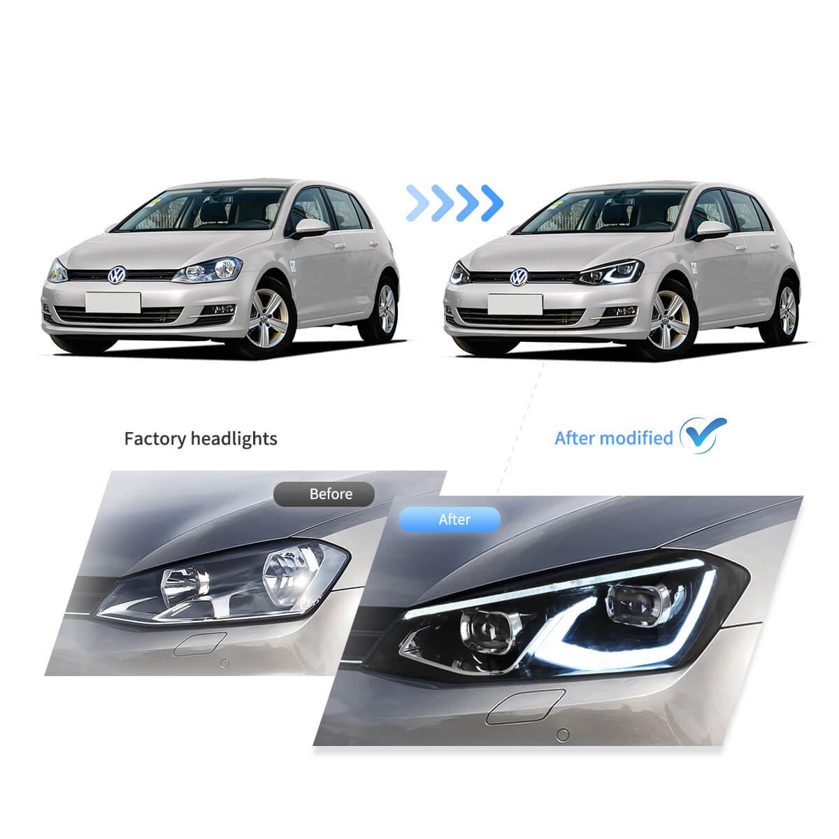 مجموعة مصابيح أمامية LED ثنائية الشعاع سوداء اللون لسيارة فولكس فاجن جولف هاتشباك الجيل السابع (Mk7، النوع 5G) موديلات 2014-2017
