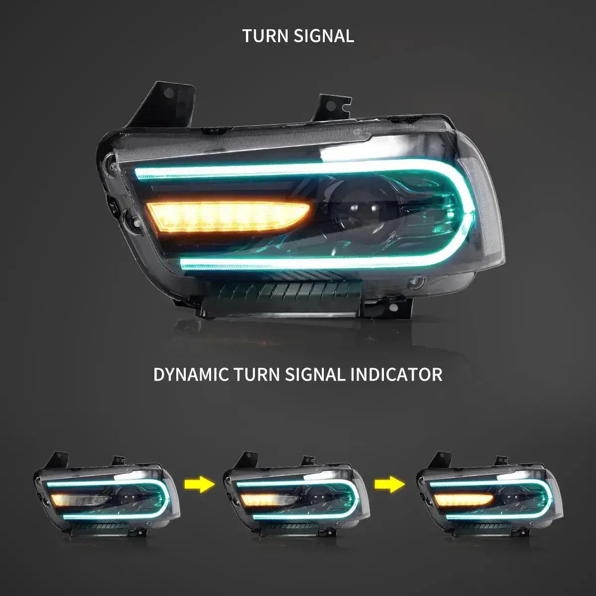 مجموعة مصابيح أمامية LED RGB ثنائية الشعاع باللون الأسود لسيارة Dodge Charger (LD) موديلات 2011-2014