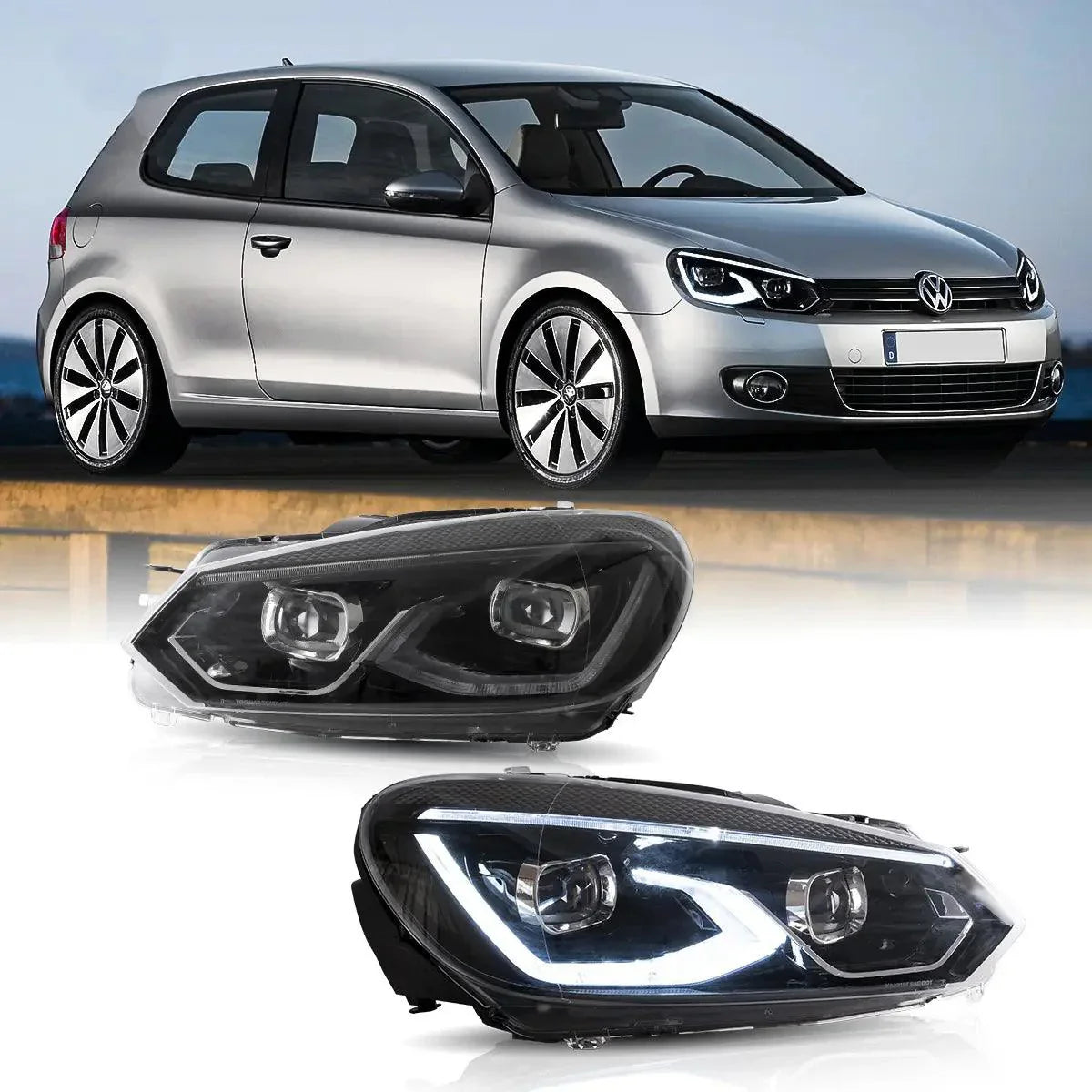 LED Headlight Assembly Dual Beam Projector Black For 2008-2014 Volkswagen Golf 6th Gen (Mk6/A6 Typ 5K）
