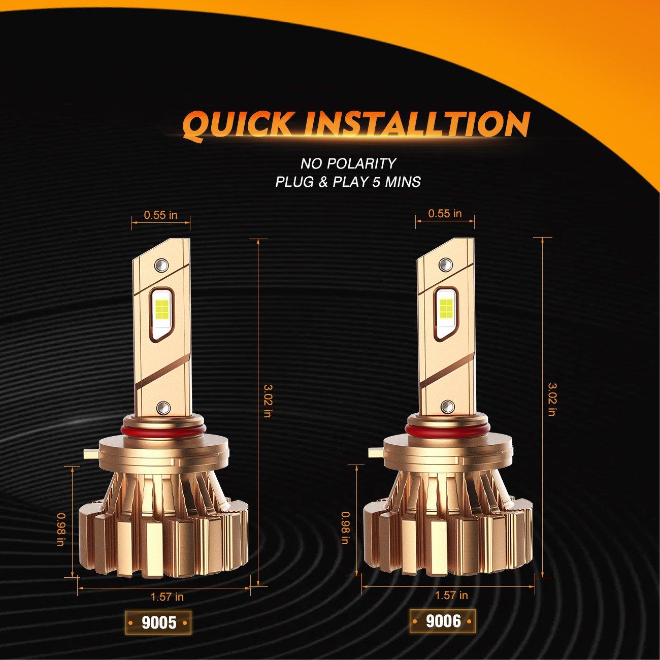 9005 and 9006 LED headlight bulbs with dimensions and features for quick installation and plug and play use