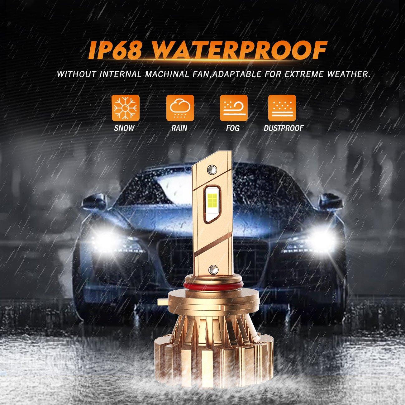 9005+H11 LED headlight bulb in front of car headlights with icons for snow rain fog dustproof and IP68 waterproof rating