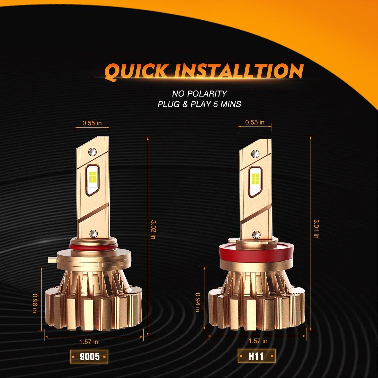 9005 and H11 LED headlight bulbs with dimensions, quick installation, fanless design, gold color, and 6500K cool white light